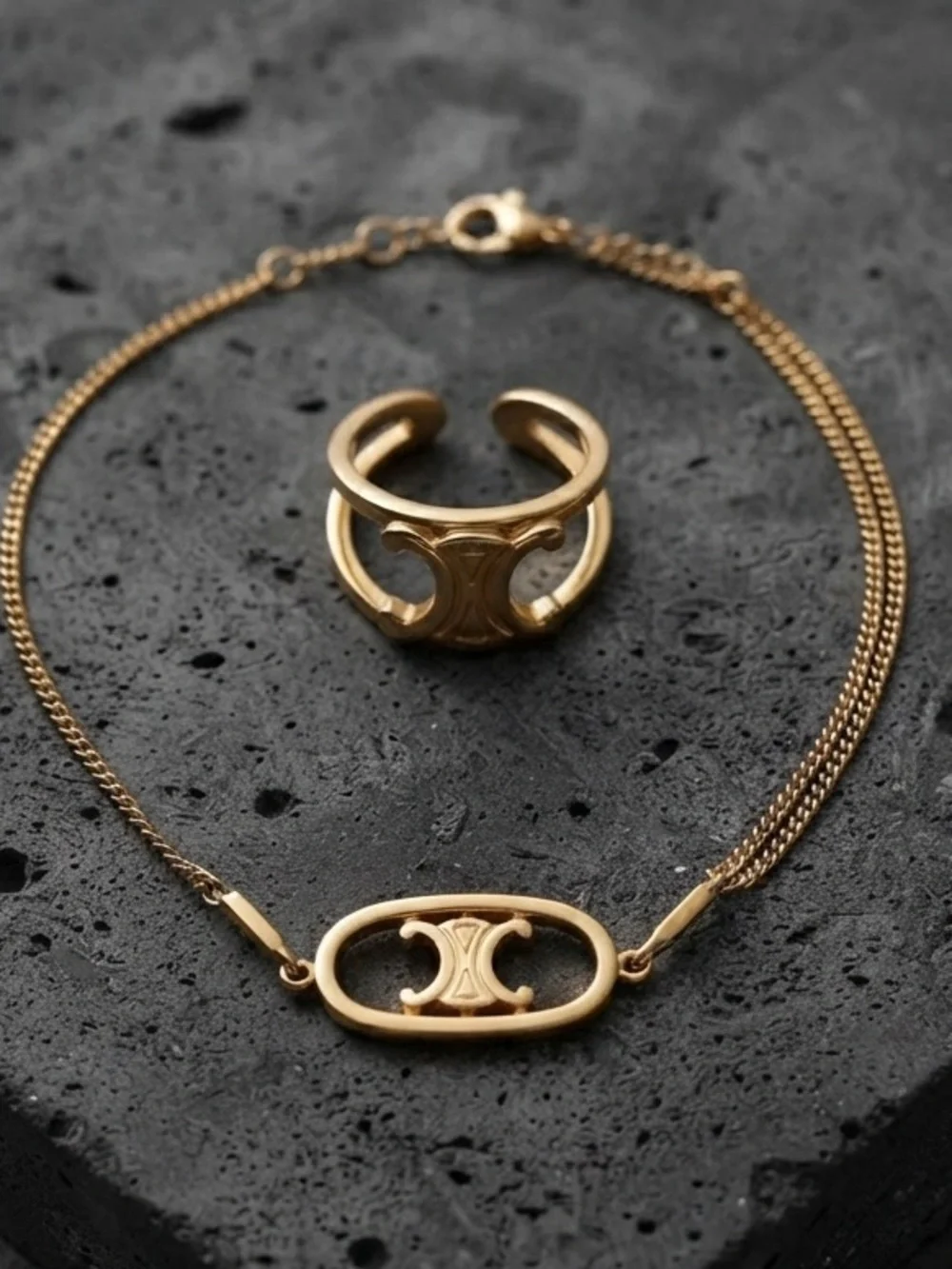 Gold Tone Double chained Bracelet Letter Accent & Matching Ring